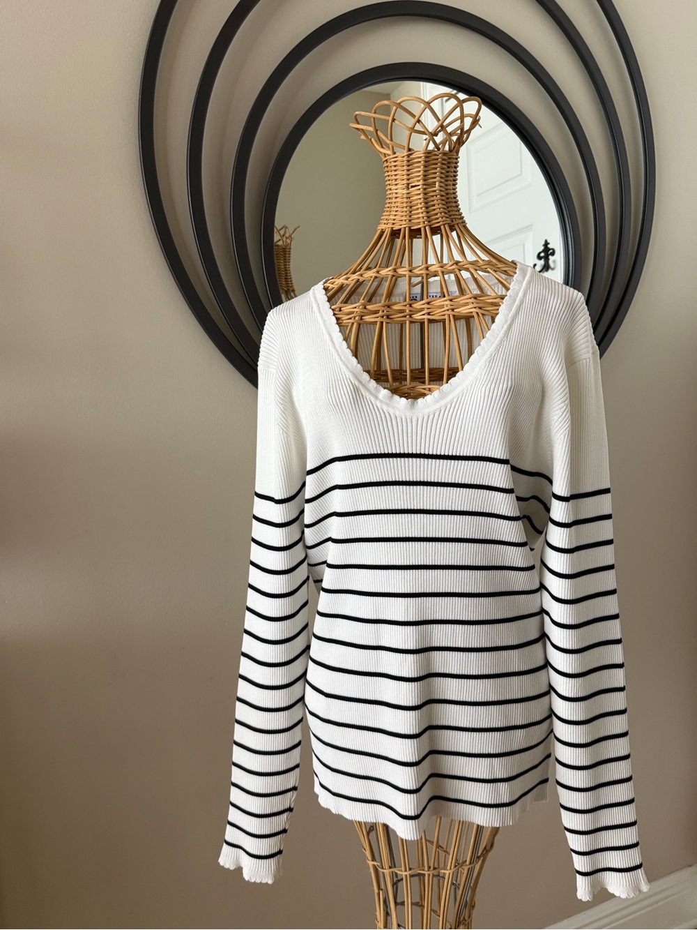 White V-Neck Ribbed Sweater with Black Stripes